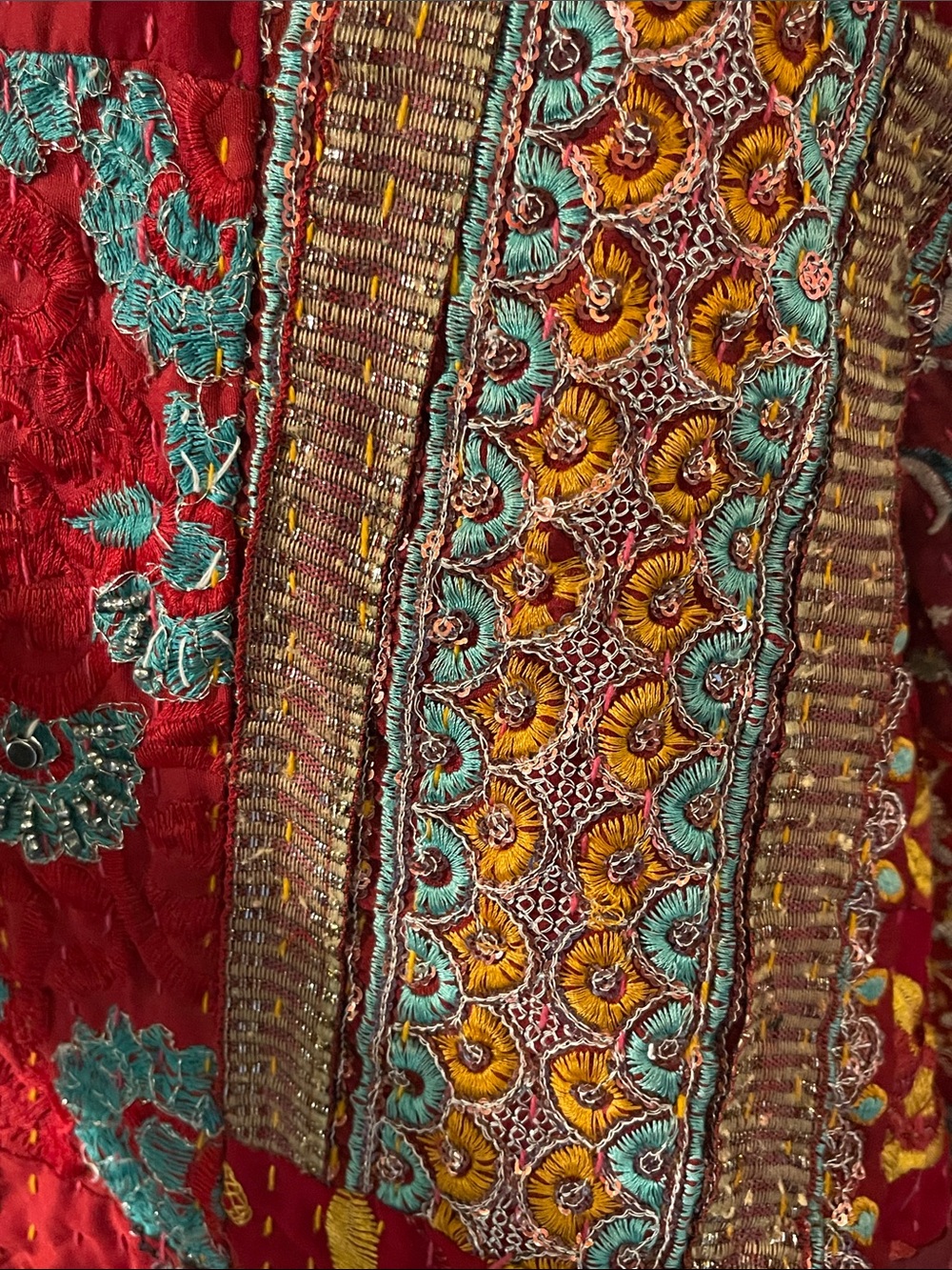 Red Patchwork Kantha Quilted Jacket with Embroidery XL-1X Kantha Jacket - Picture 11 of 15
